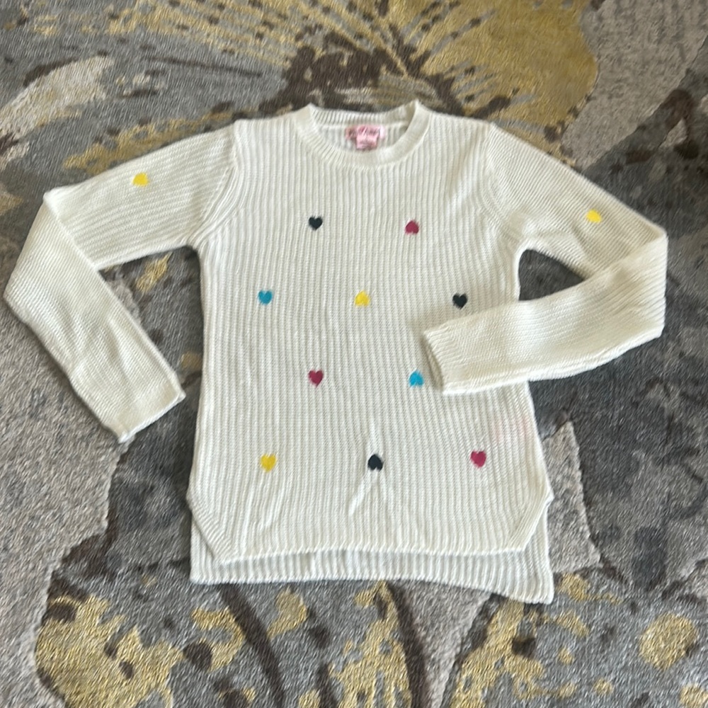 Girls Pink Rose sweater new w/out tags, never worn Sz 14, heart embroidery